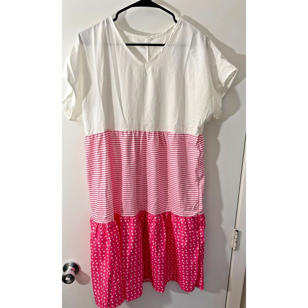 Pink White Coquette Preppy Easy Dress Women's Large L Stirpes Polka Dots Girlie